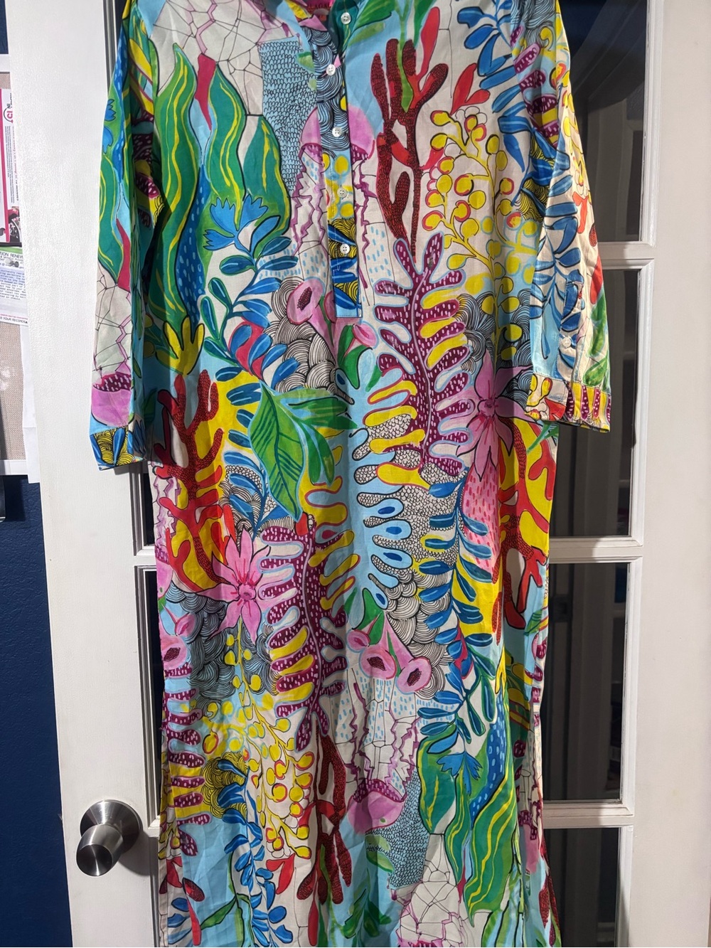Vilagallo Belize Coral Multicolor Tropical Print Maxi Beach Tunic Cotton  Dress